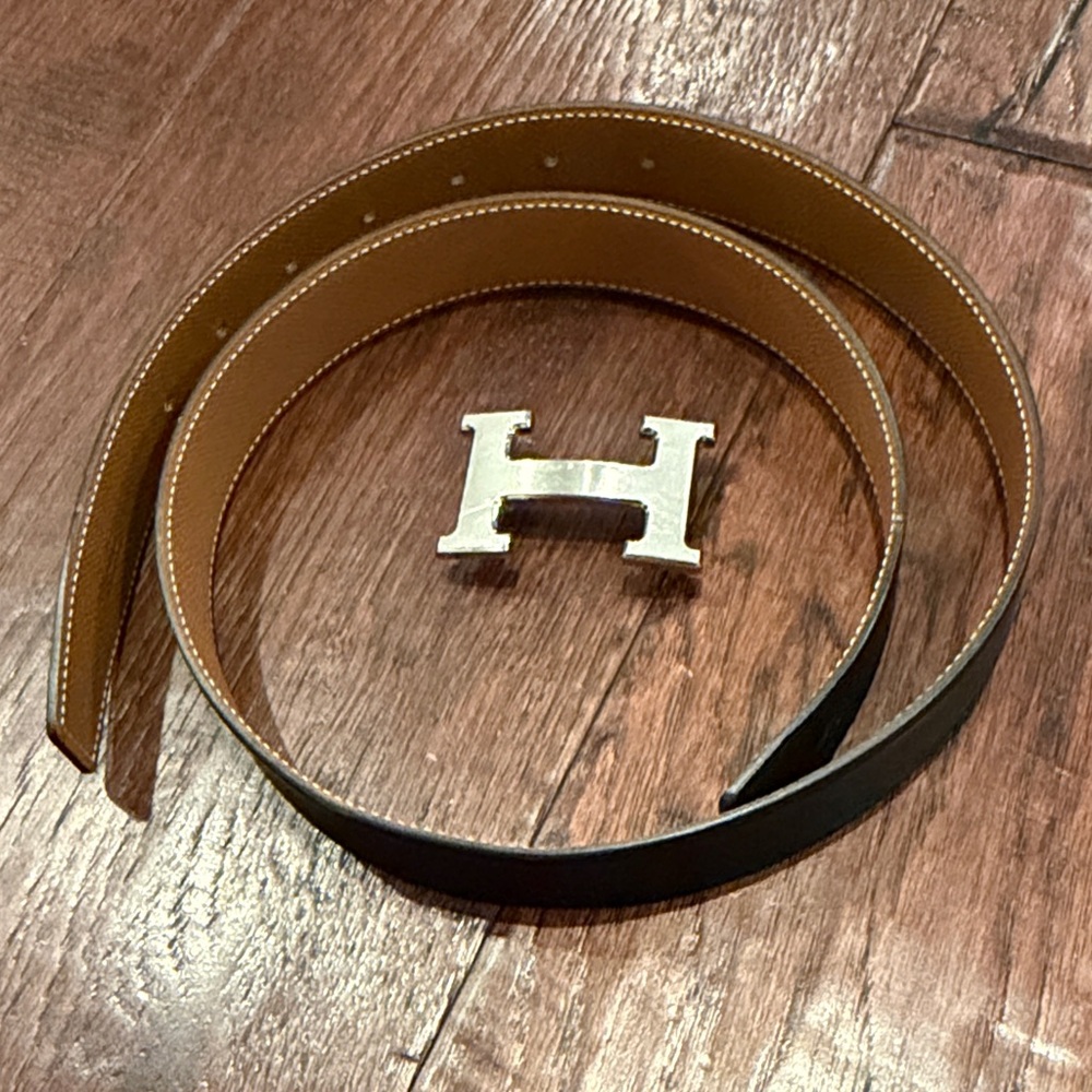 Hermes Reversible Black and Gold Belt with Silver H Buckle